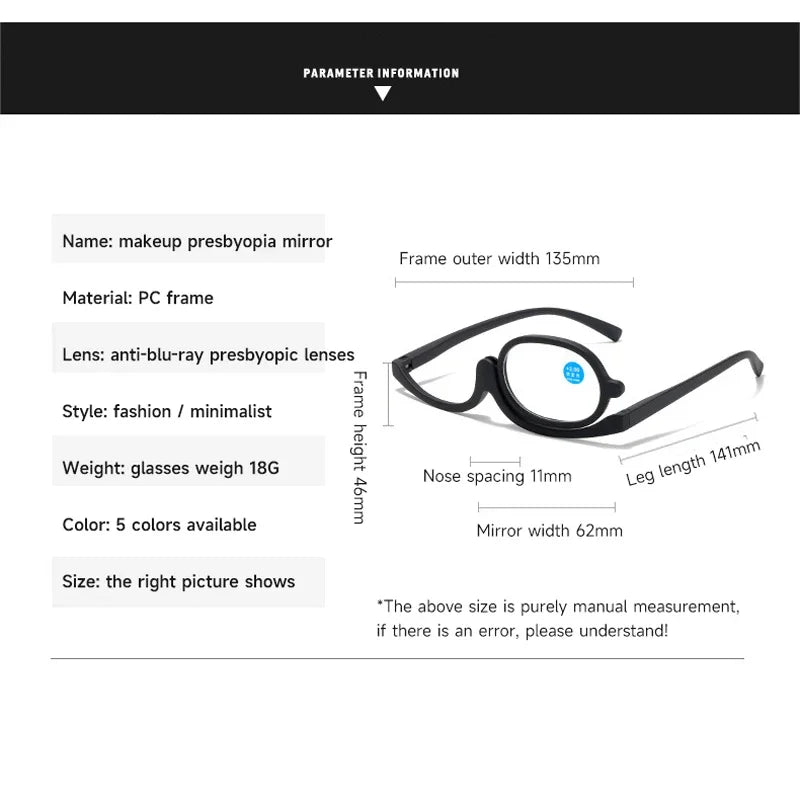Rotating Makeup Reading Glasses With Flip-Away Oval Lens