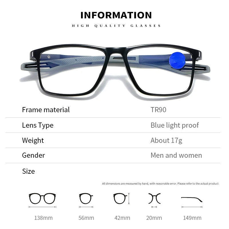 TR90 Sport Reading Glasses Ultralight Anti-Blue Light