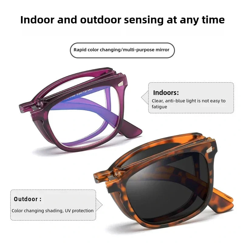 Photochromic Folding Reading Glasses With Vintage Square Frame