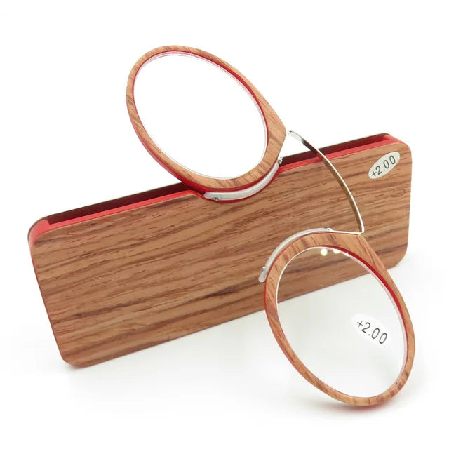 Round Nose Clip Reading Glasses With Wood-Style Protective Case