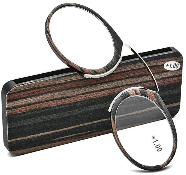 Round Nose Clip Reading Glasses With Wood-Style Protective Case