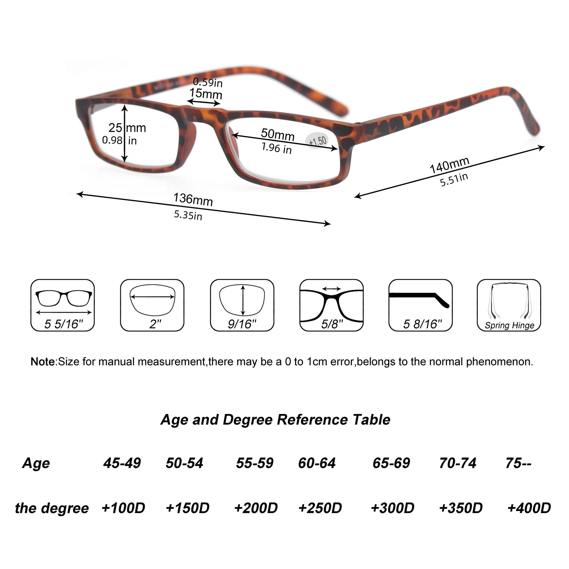 Ultralight Rectangular Reading Glasses With Spring Hinge And Case